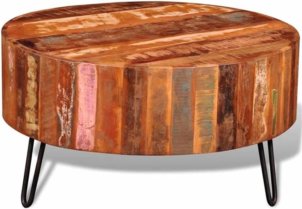 BOWERY HILL 27.6' Round Coffee Table, Solid Reclaimed Wood, Multicolor Finish, Handcrafted Rustic Design, Compact Living Room Accent Table, Durable Polished Surface for Drinks and Decor