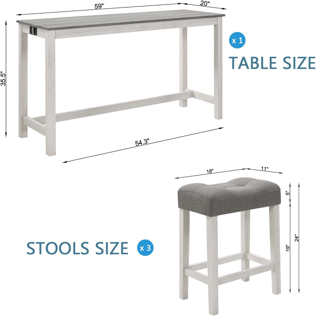 Merax 59 inch Bar Table Set with Power Outlet USB/Type-C, Behind Couch Table with 3 Padded Stools for Kitchen, Living Room, White & Grey