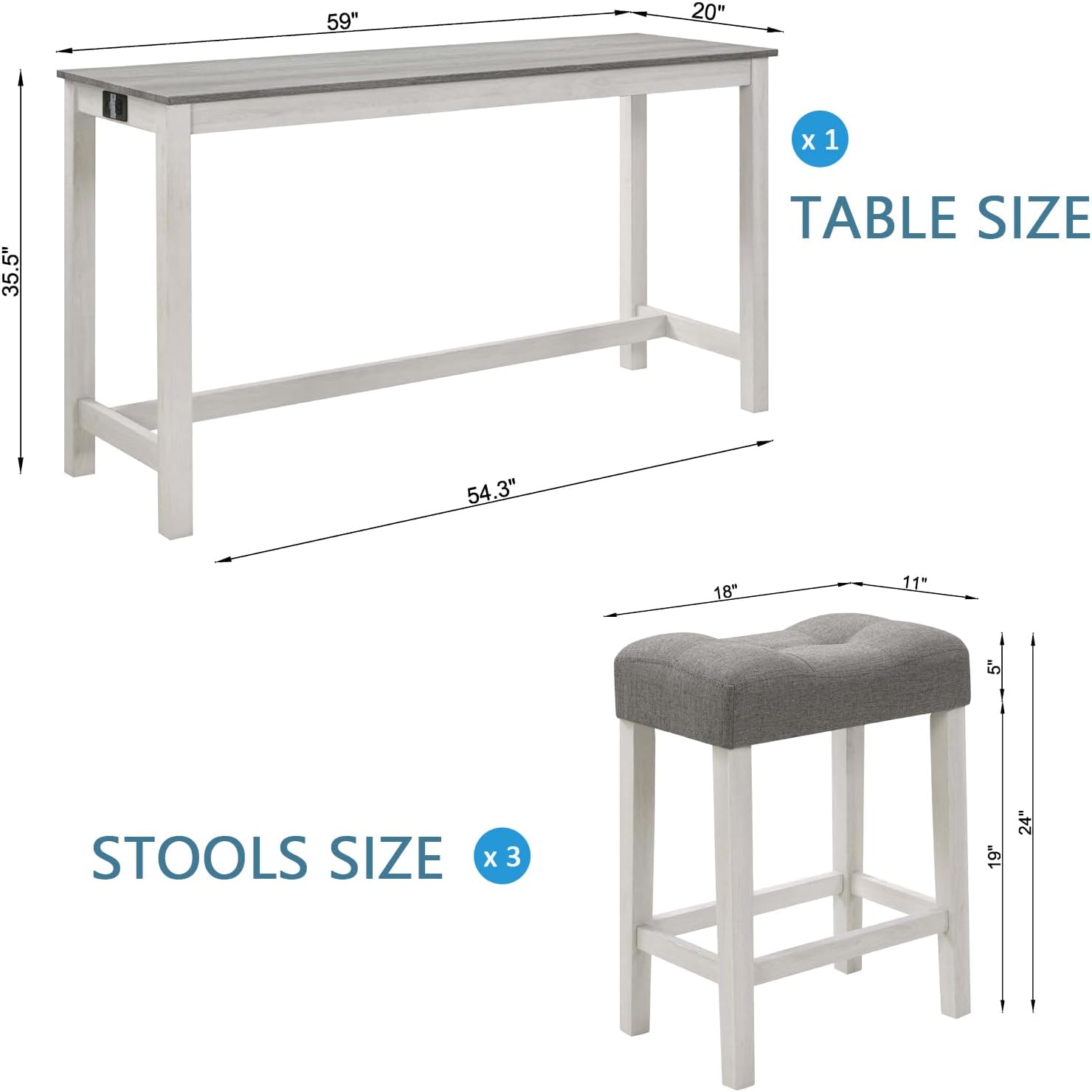 Merax 59 inch Bar Table Set with Power Outlet USB/Type-C, Behind Couch Table with 3 Padded Stools for Kitchen, Living Room, White & Grey