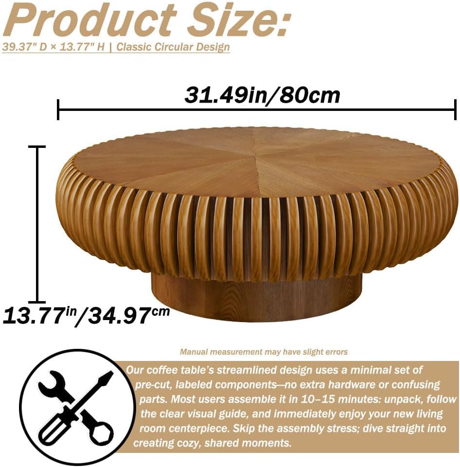 Round Coffee Table for Living Room Modern Solid Wood Fluted Design Coffee Tables with Sturdy Pedestal for Small Space Circle Center Table Accent Tea Table for Apartment, Easy Assemble (Brown, 31.4)