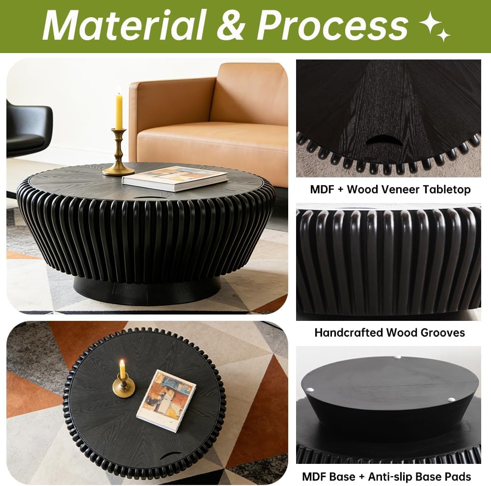 Round Wood Fluted Coffee Table with Storage, 35' Round Fluted Coffee Table with Flip-Top Lid Mid Century Modern Low Circle Drum Coffee Tables for Living Room (Black A, 35')
