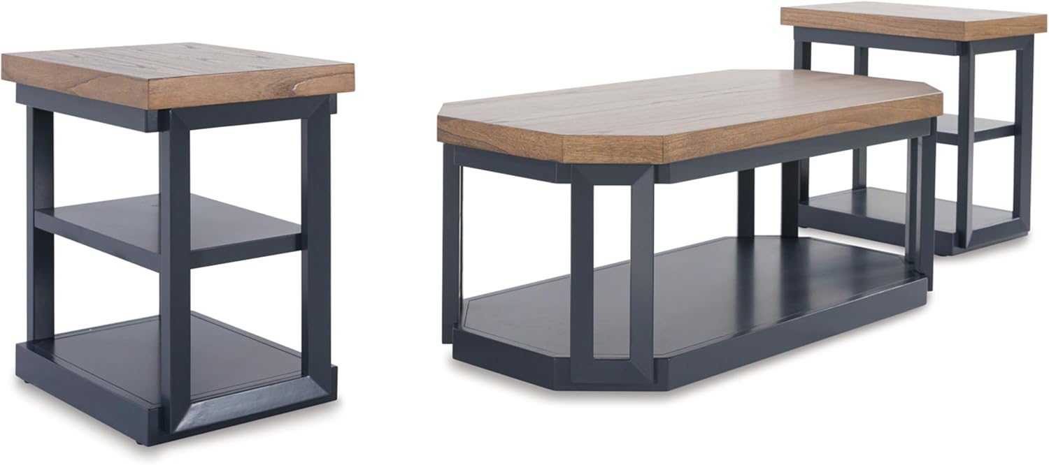Signature Design by Ashley Landocken Contemporary Occasional Table Set with Open Shelves and Casters, Set of 3, Light Brown & Blue