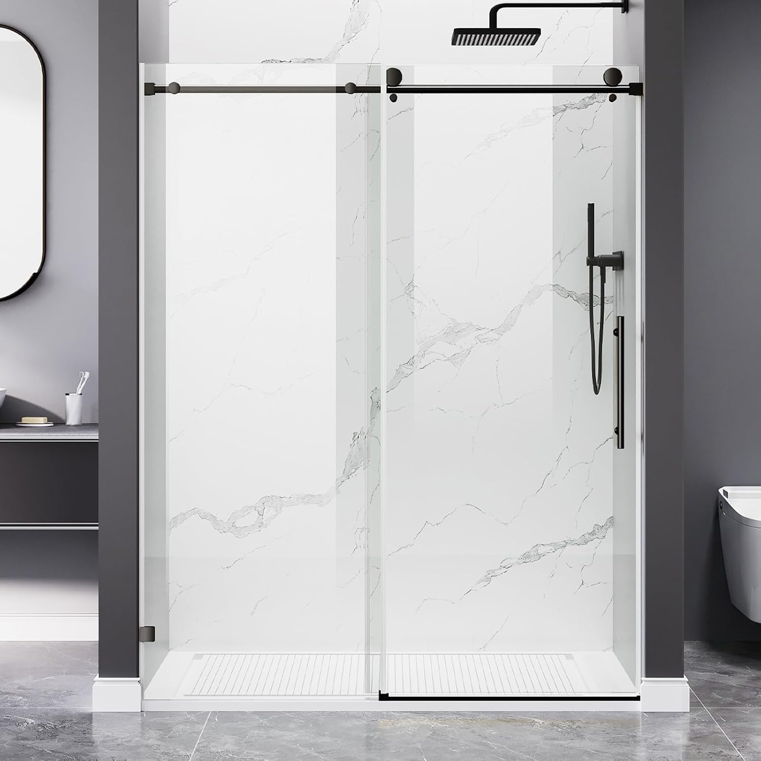 Frameless Shower Door, 56-60' W x 74' H 8mm Single Sliding Shower Door with 5/16' Clear Tempered Glass, Bathroom Glass Door for Walk-in Shower, Black