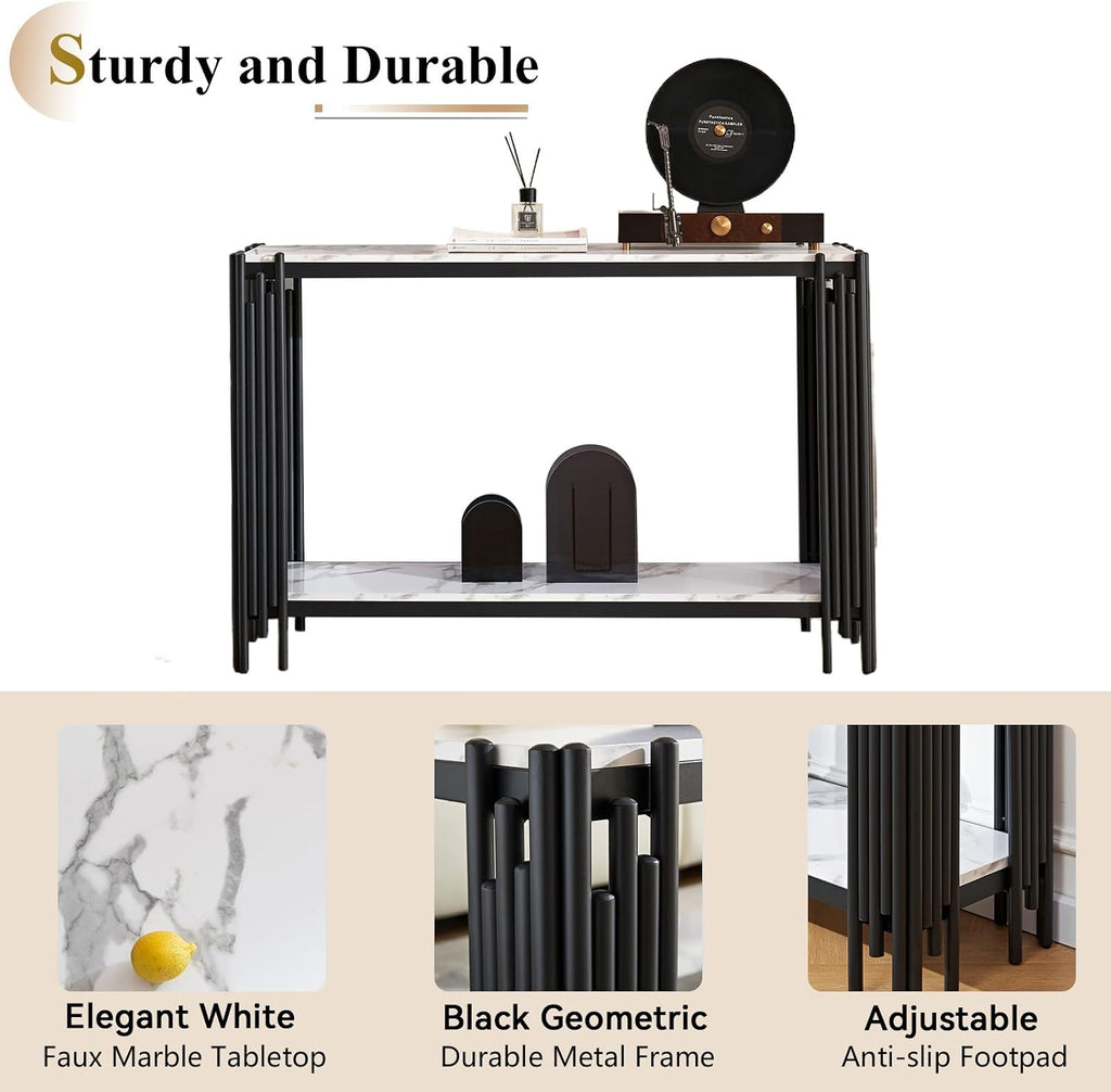 Elegant 2 Tier White Marble Console Table, Luxury Living Room Sofa Table with Black Geometric Frame, 48' Long Modern Entryway Table, Narrow Hallway Entrance Table with Adjustable Feet