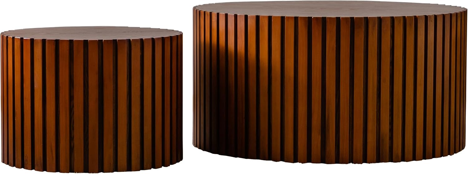 KEVINSPACE Nesting Coffee Table Set of 2 Circle CoffeeTable Modern NestingTables for Living Room Round Fluted Wooden CoffeeTabl No Need Assembly for Bedroom Balcony Lounge 47.25' Walnut