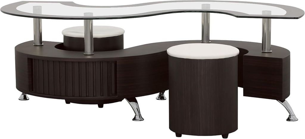 Coaster Home Furnishings - Buckley - Wood and Glass - 3-Piece Coffee Table and Stools Set - Serpentine Shape, Tempered Glass Top, Upholstered Stools - Living Room - 51-Inch - Cappuccino - 720218