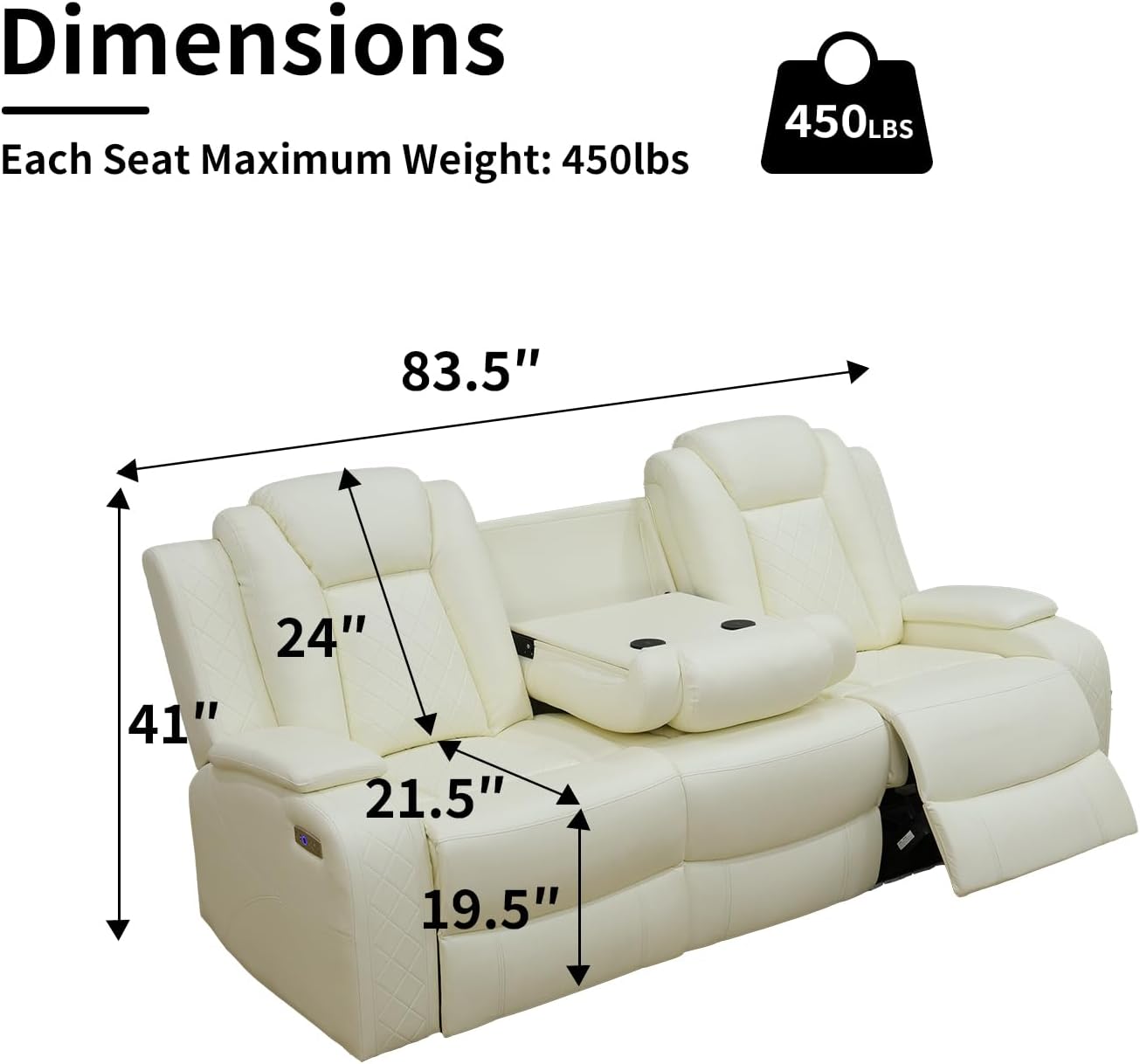 Power Leather Recliner Sofa with LED Light,84' Double Reclining Couch with Drop Down Table/USB Port/Storage Armrest,3 Seater Leather Couch for Living Room Furniture(White,3 Seater Sofa)