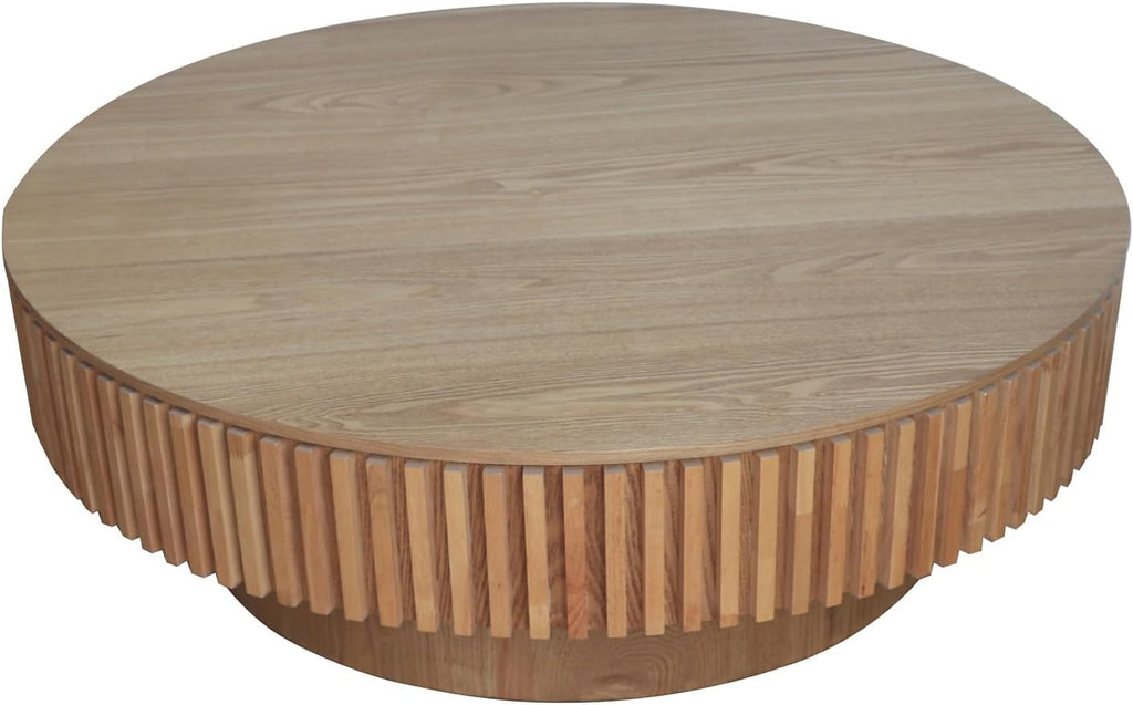 39.37'' Round Coffee Table for Living Room, Fluted Tea Table with Hidden Storage, Solid Wood Circle Coffee Table, Modern Tea Table for Small Space Apartment-Natural Wood 39.37''D×13.78''H
