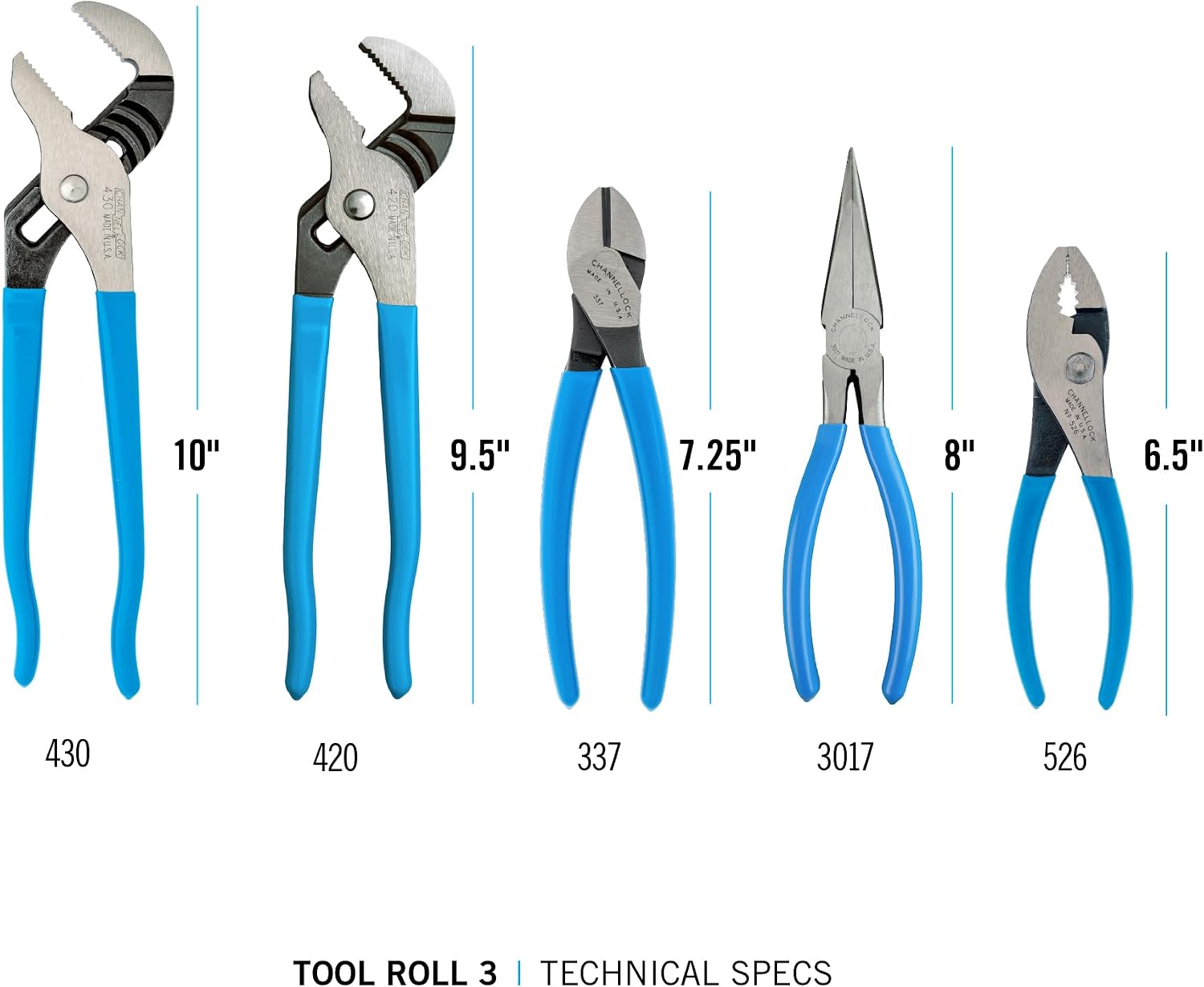 CHANNELLOCK TOOL ROLL-3 5pc Professional Pliers Set with Tool Roll, Made in USA, Includes Straight Jaw Tongue & Groove, Cutting, Long Nose, and Slip Joint Pliers, Forged High Carbon Steel