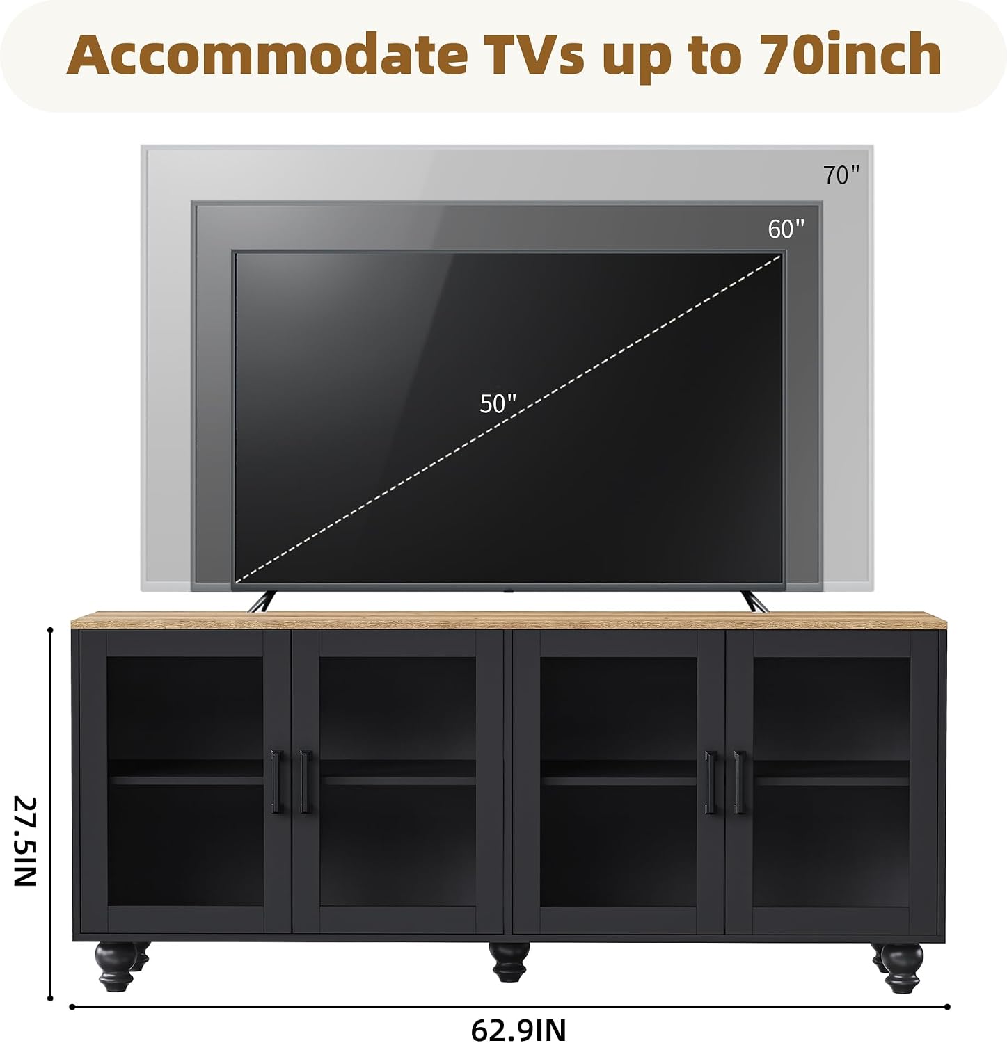 Ball & Cast Farmhouse TV Stand with Tempered Glass Doors for TVs up to 70',Sideboard Buffet w/5 Solid Wood Gourd-Shaped Legs & Adjustable Shelf,Entertainment Center for Living Room,Black+Natural