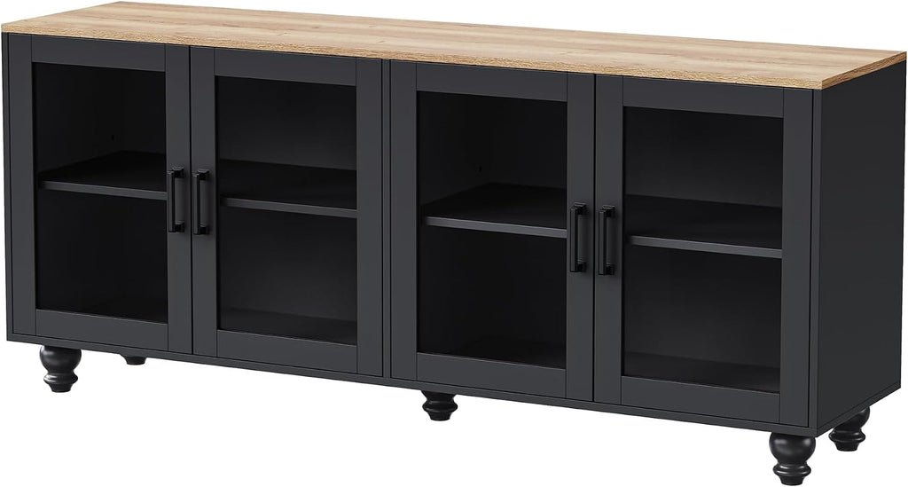 Ball & Cast Farmhouse TV Stand with Tempered Glass Doors for TVs up to 70',Sideboard Buffet w/5 Solid Wood Gourd-Shaped Legs & Adjustable Shelf,Entertainment Center for Living Room,Black+Natural