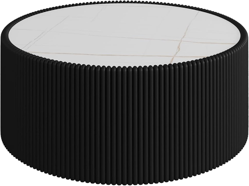 29.52' Round Marble Coffee Table,Modern Fluted Coffee Table w/White Sintered Stone Top & Black PU Leather Covered,Luxury Circle Coffee Cocktail Center Tables for Living Room,No Assembly Required