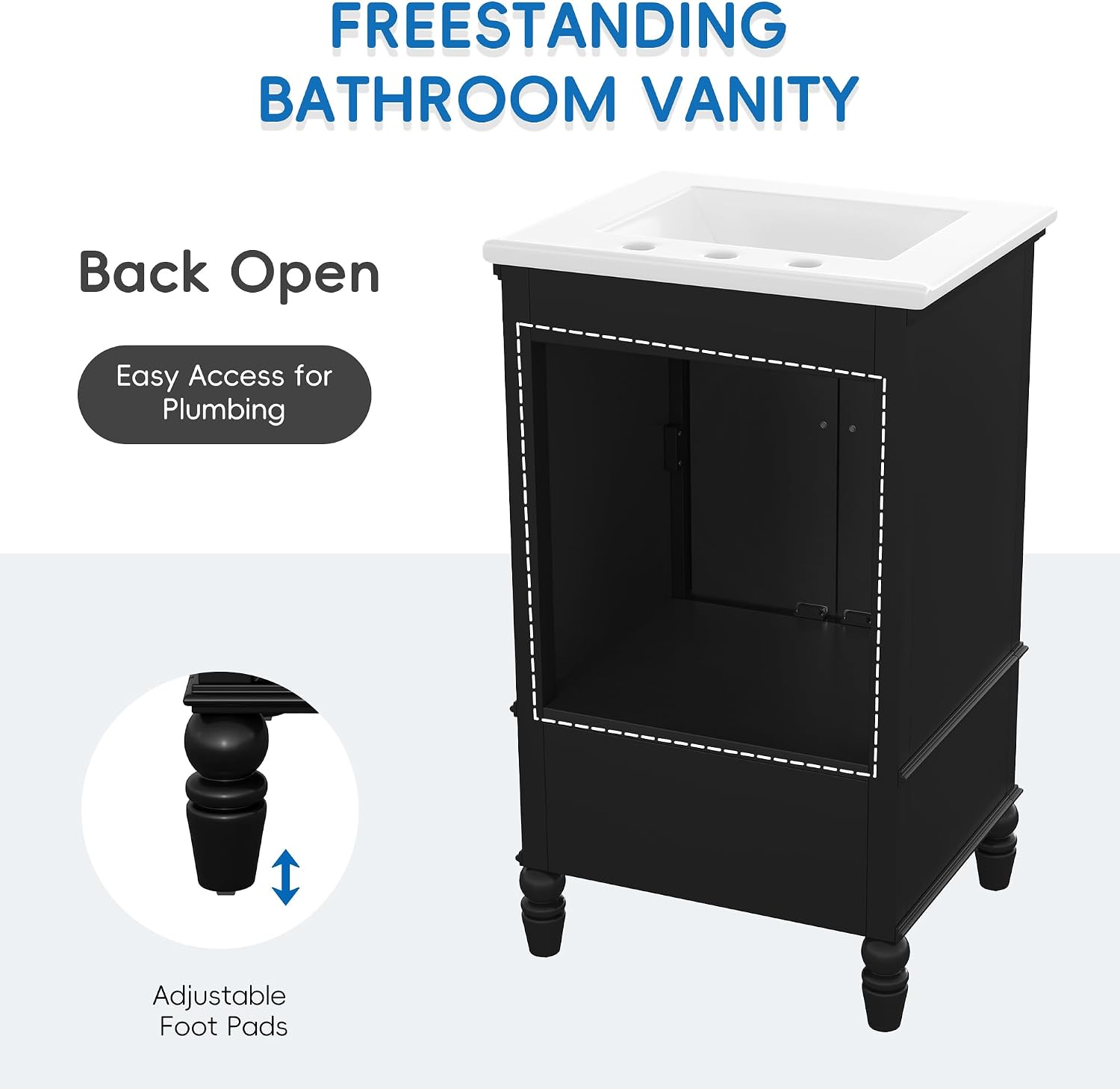 Stylish 20' Black Bathroom Vanity with Sink - Durable MDF Cabinet with 2 Doors, Adjustable Foot Pads, Drawer & Magnetic Door Stopper for Modern Homes