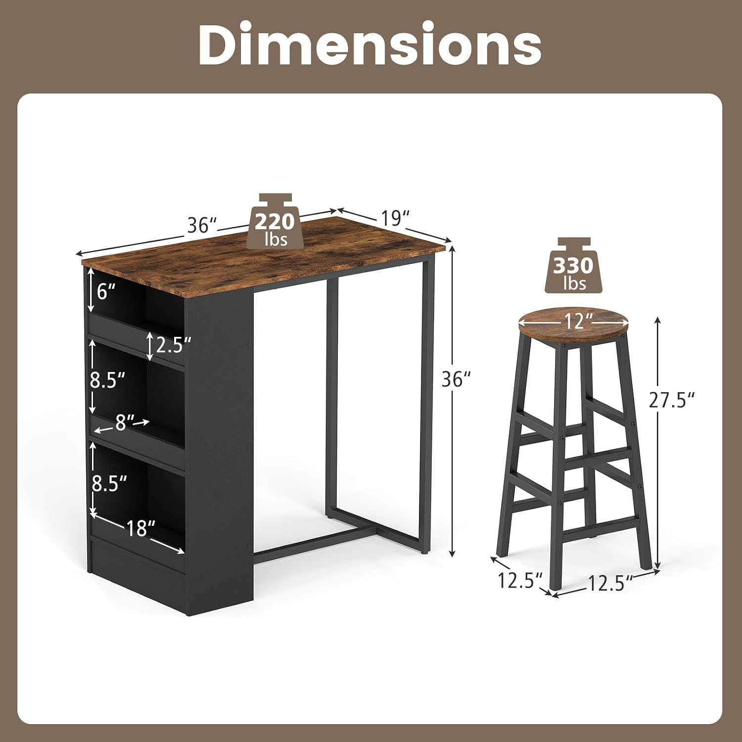 COSTWAY 3-Piece Bar Table Set, 36' Counter Height Breakfast Table with 3 Storage Shelves & 2 Round Stools, Rectangular Kitchen Table Set for 2, for Dining Room, Living Room, Rustic Brown and Black