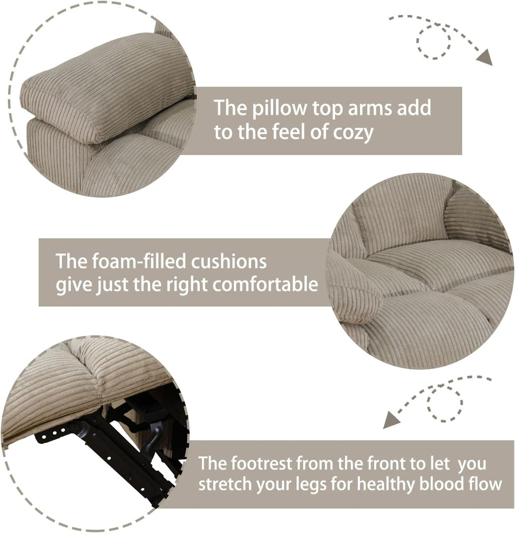 Maunal Recliner Sofa Set, Corduroy Fabric Reclining Living Room Set, Reclining Sofa Couch with Console & Cup Houlders for Living Room (Beige, 3 Seater Recliner Sofa)