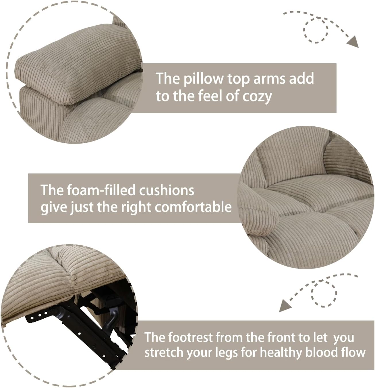 Corduroy Fabric Recliner Sofa Set, 3 Piece Living Room Furniture Set, Manual Reclining Sofa Loveseat Chair Set with Cup Holders/Storage/Drop Down Table (Beige, Sofa+Two Cahirs)
