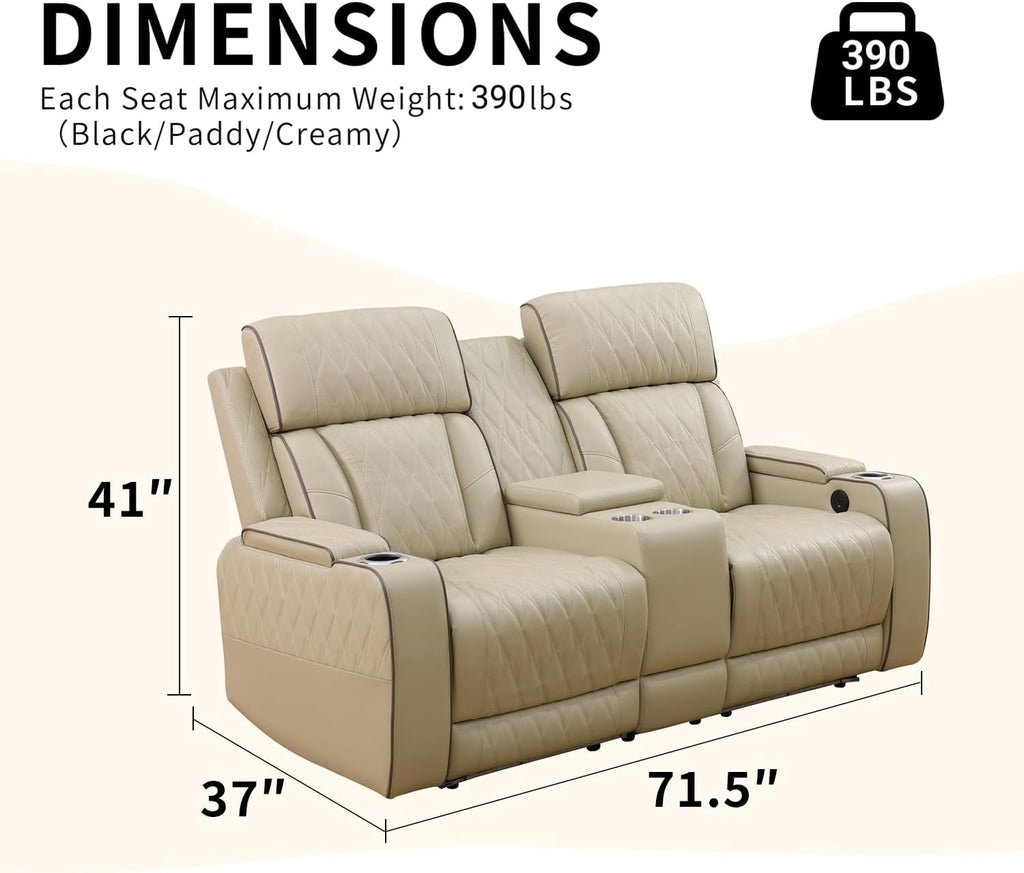 Power Recliner Sofa with LED Lights,Leather Reclining Loveseat with Double Recliner/USB Port/Storage Console/Cup Holder for House/Home Theater(2 Seater Loveseat,Paddy)