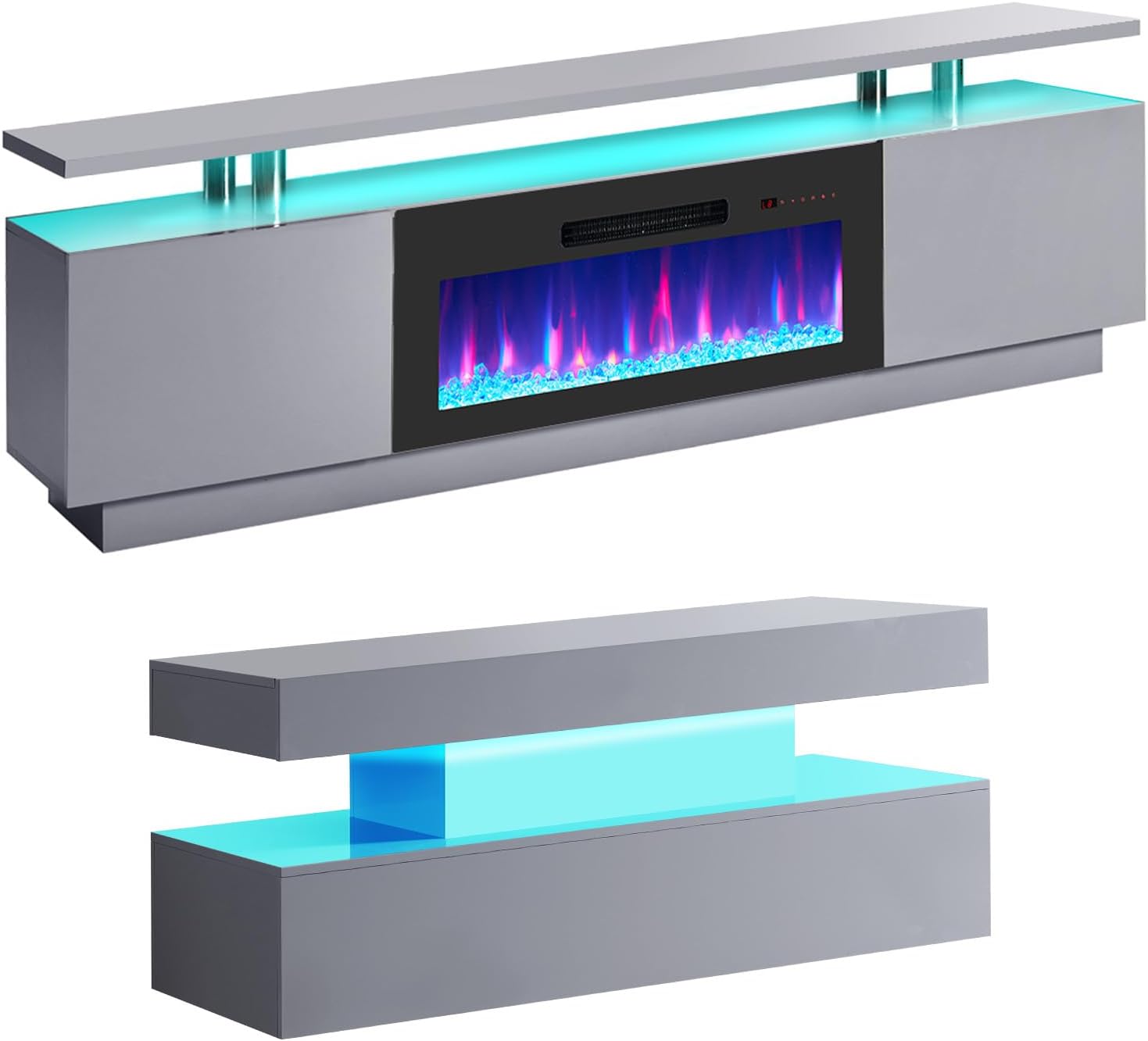AMERLIFE 3 Piece Modern Living Room Table Set, Includes 80' High Gloss Fireplace TV Stand, 2-Tier Coffee Table, LED Lights Entertainment Center Set for Living Room, Grey