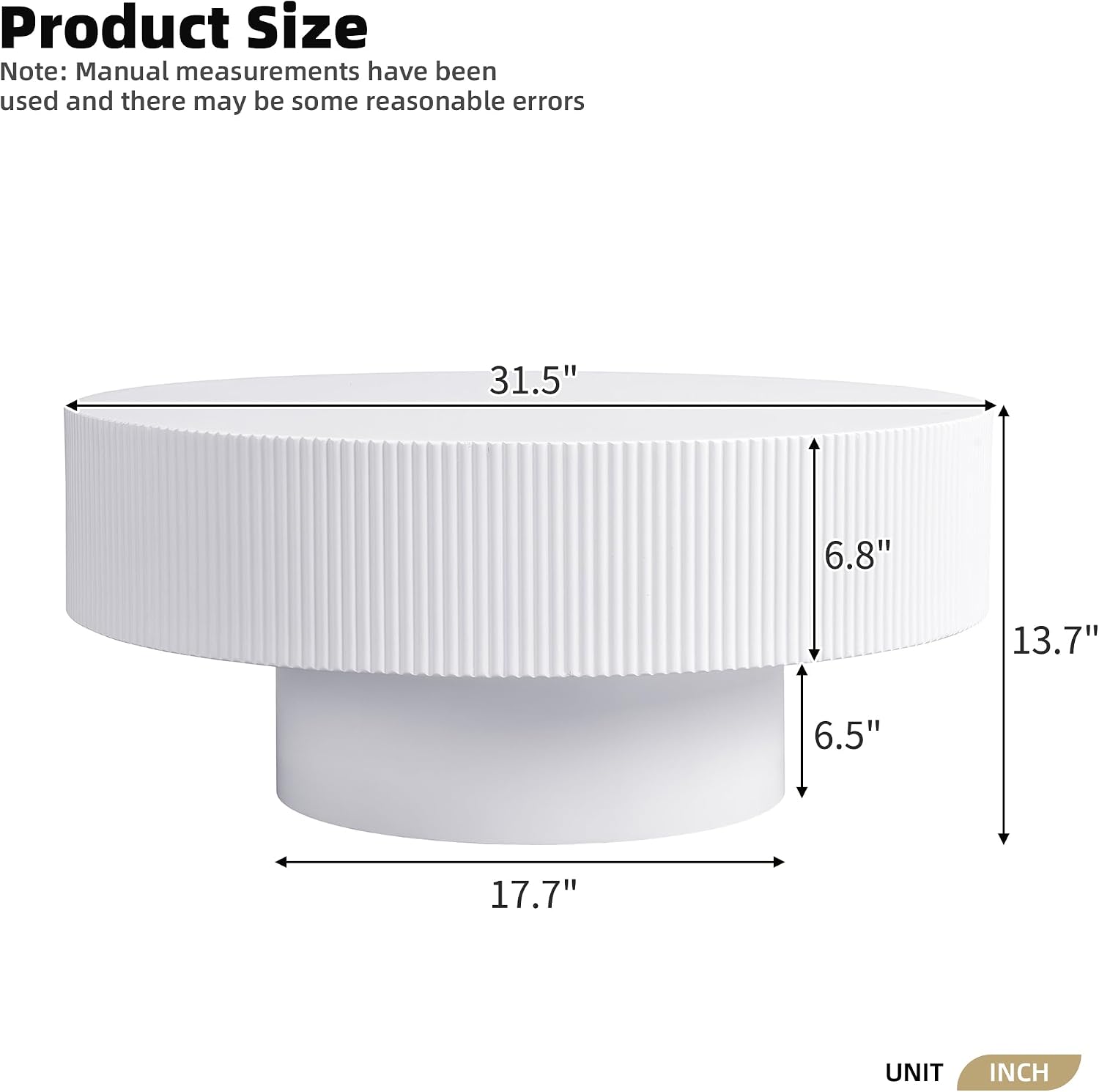 WILLIAMSPACE 31.5' White Round Coffee Table with 6.8' Thick Tabletop & Sturdy Base, Modern Drum Center Table Circle Accent Side Table for Living Room, Minimalist Fluted Design, White