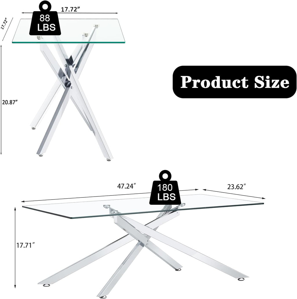 Glass Coffee Table Set of 3, Modern Glass Coffee Table with 2 Square Side Tables,3 Piece Living Room Table Set with Clear Tempered Glass Tabletop & Silver Metal Legs for Apartment Home Office