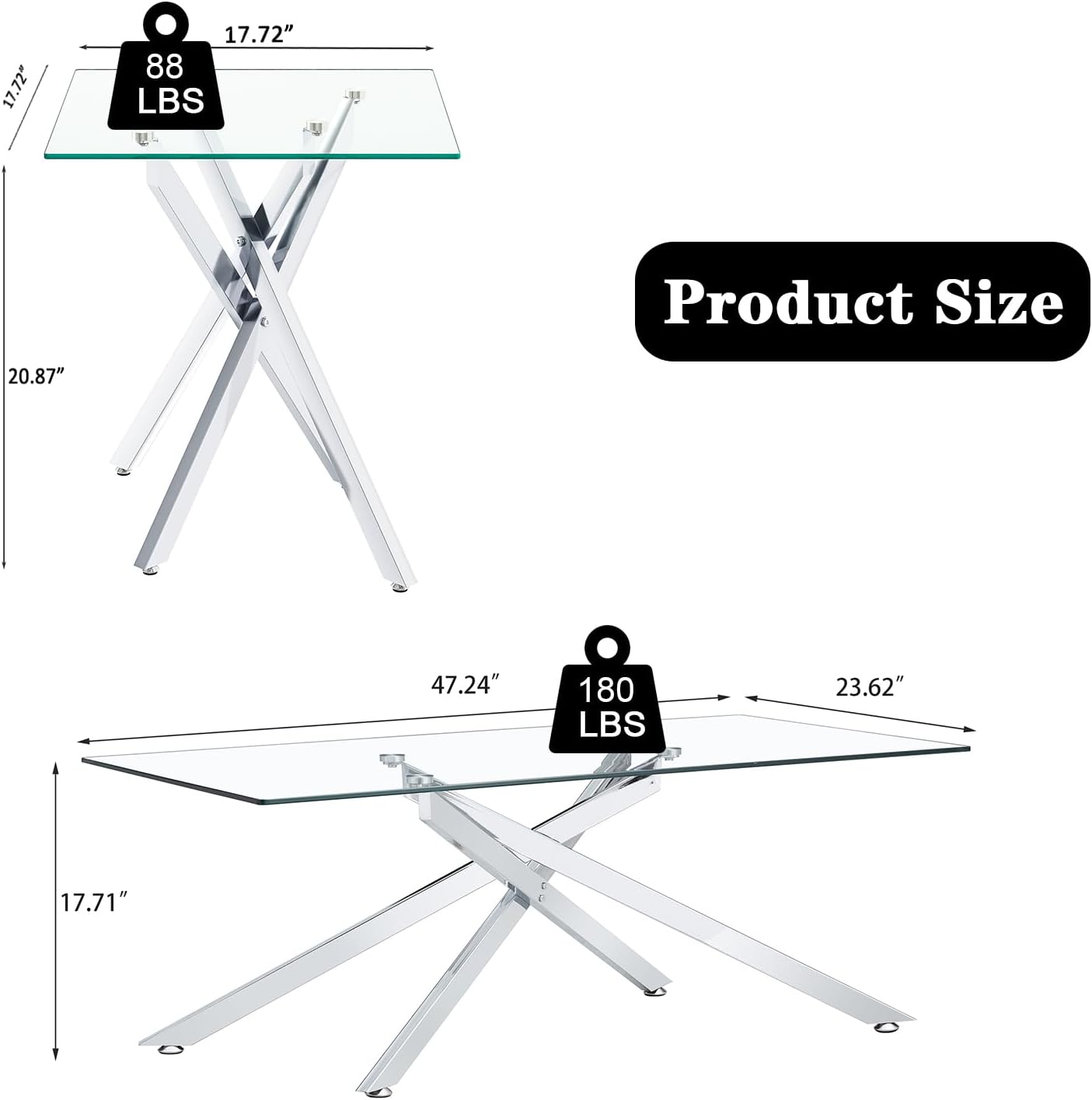 Glass Coffee Table Set of 3, Modern Glass Coffee Table with 2 Square Side Tables,3 Piece Living Room Table Set with Clear Tempered Glass Tabletop & Silver Metal Legs for Apartment Home Office