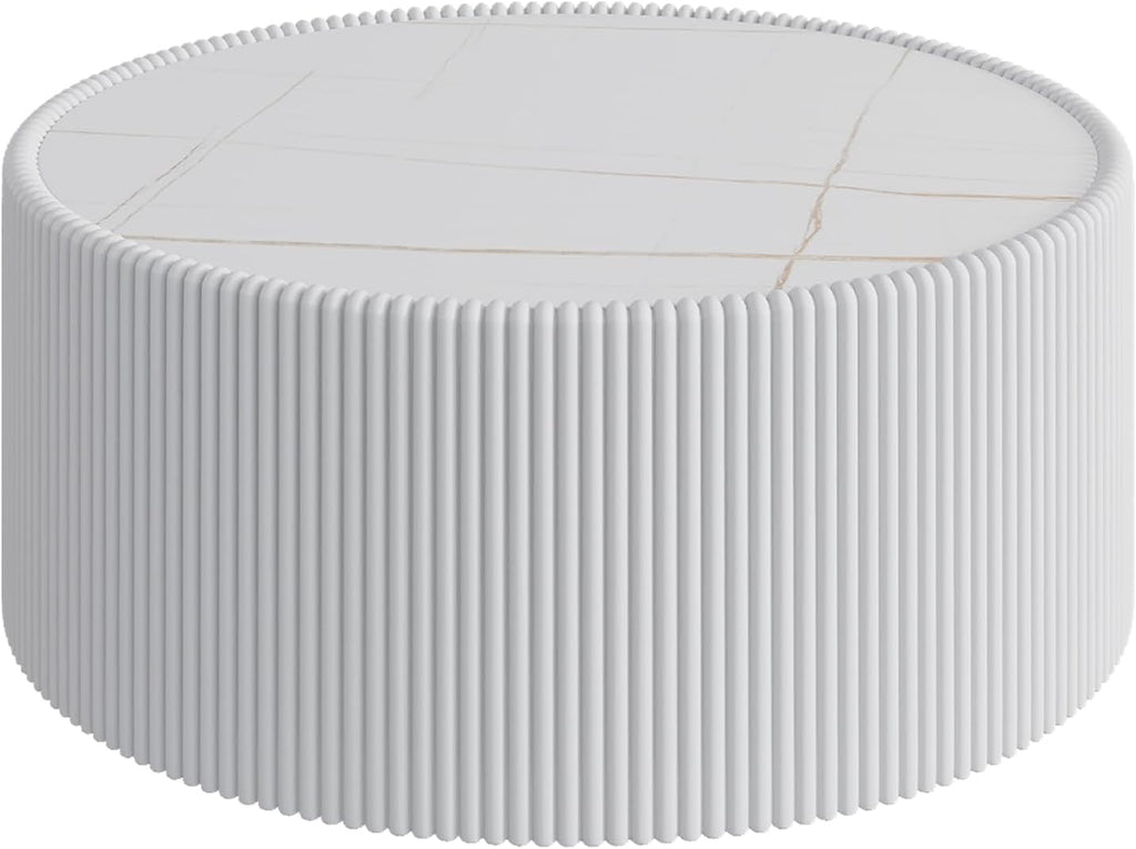 Modern Round Coffee Table Luxury Sintered Stone Top Coffee Table in White Leatherette Creative Drum-Shape Cocktail Center Table for Living Room Bedroom,Fully Assembled