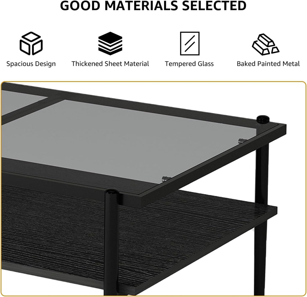 ODUSE-DAILY Coffee Table and End Table 3 Piece Living Room Set, Black Metal Frame Glass Top End Tables, Square Top Shelf, Sofa or Couch Side Tables, Mesa de Centro para Sala (3 Pcs)