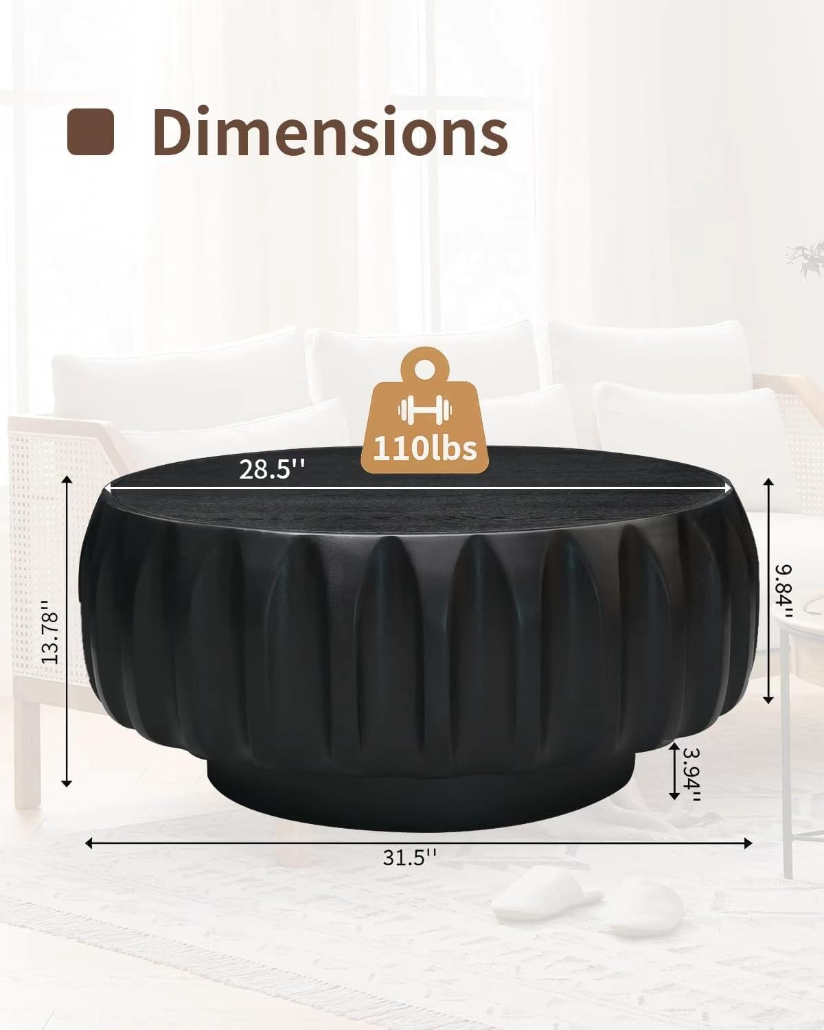 31.5' Drum Coffee Table Modern Unique Fluted Tea Table Contemporary Wood Round Coffee Table with Fluted Centry Table for Living Room Black