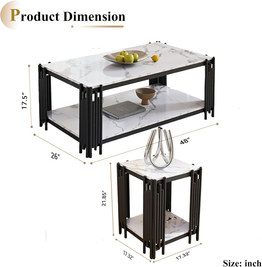 Faux Marble Coffee Table Set of 2, Modern 2 Tier Coffee Table End Table Set with Black Metal Frame and Storage Shelf, 2 Piece Marble Living Room Table Set for Apartment Home Office