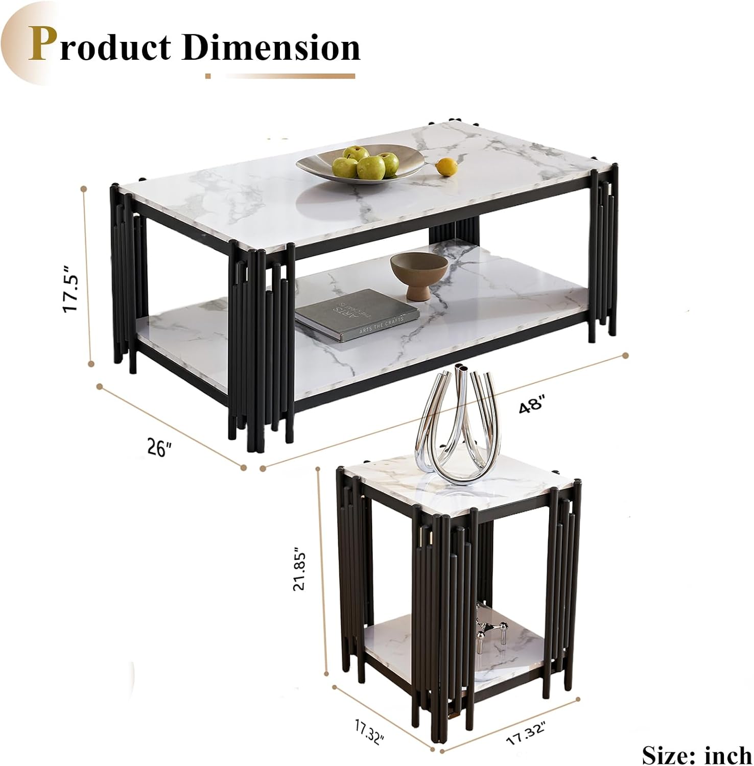 Faux Marble Coffee Table Set of 2, Modern 2 Tier Coffee Table End Table Set with Black Metal Frame and Storage Shelf, 2 Piece Marble Living Room Table Set for Apartment Home Office