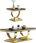Coffee Tables Set of 2 for Living Room, Marble Coffee Table and End Table Set, Black Faux Marble Top&Gold O-Shape Stainless Steel Base, 2 Pieces Living Room Table Sets for Apartment Office