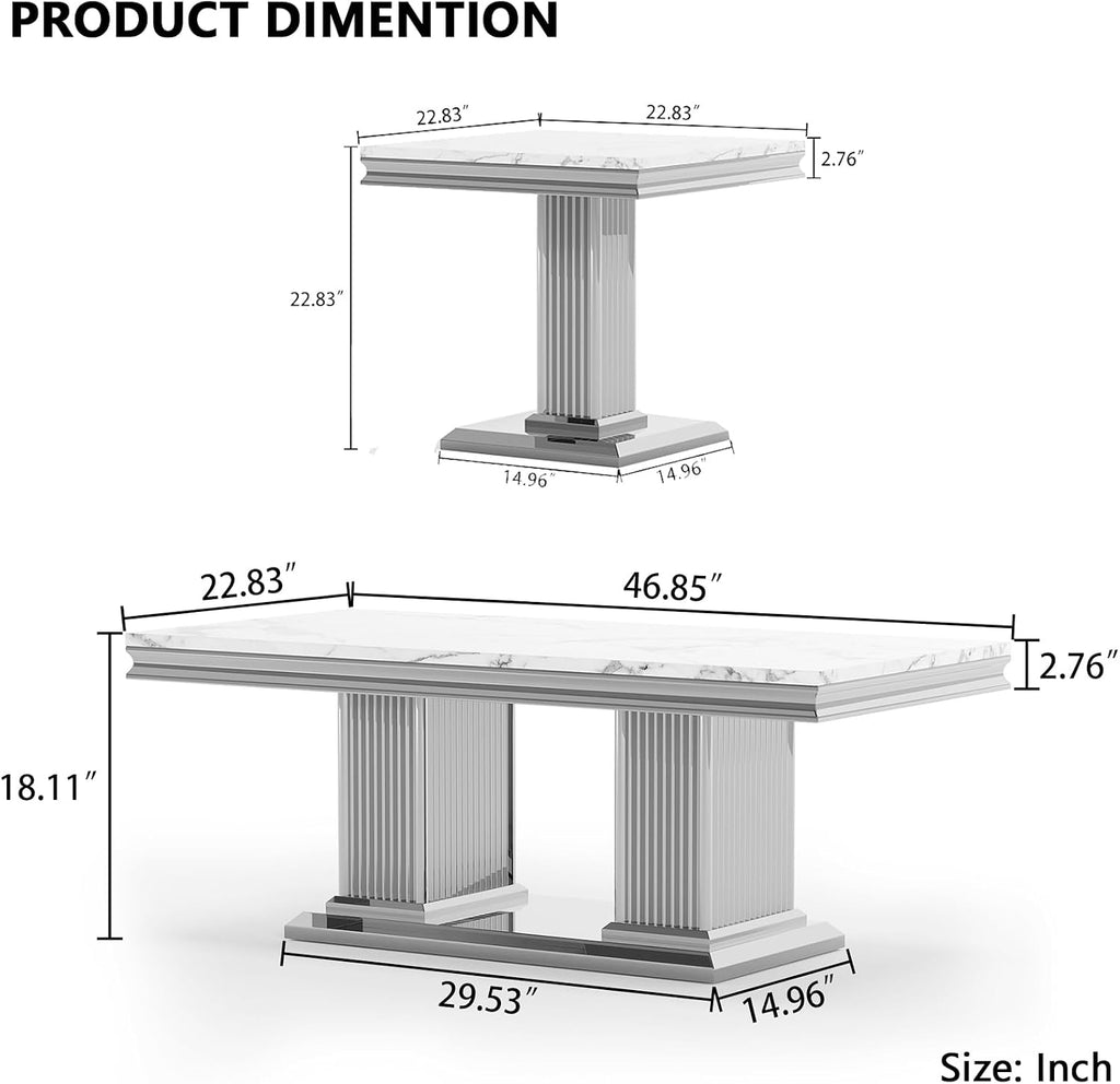 3 Pieces Coffee Table Set, Faux Marble Living Room Table Set of 3, Modern Coffee Table and 2 End Tables with Column-Shaped Stainless Steel Base for Living Room Office (White Silver)