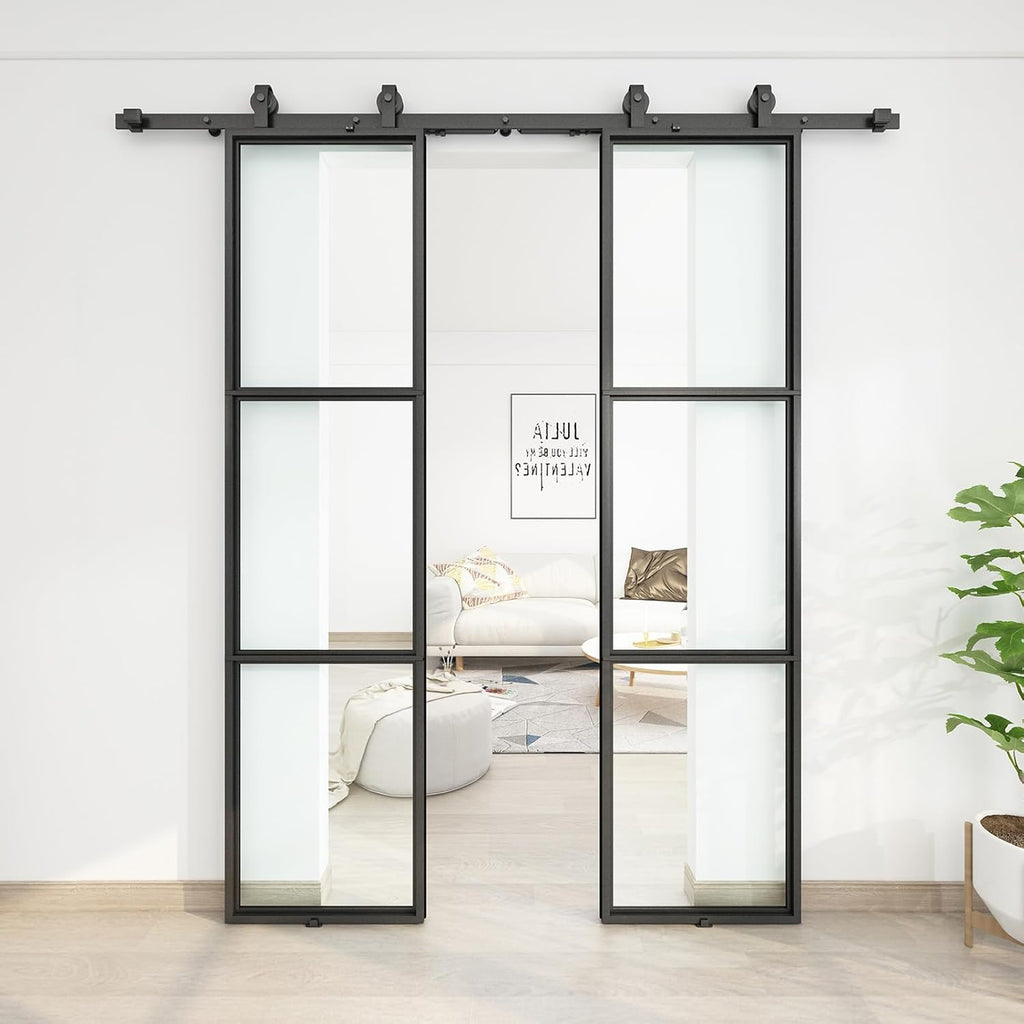 JUBEST 42 x 84 Inch Double Barn Door with 7FT Hardware Kit and Soft Close Mechanism Include, 2 Sets of 21in x 84in 3-Paneled Clear Glass with Carbon Steel Frame Barn Door, Easy to Install