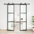 JUBEST 42 x 84 Inch Double Barn Door with 7FT Hardware Kit and Soft Close Mechanism Include, 2 Sets of 21in x 84in 3-Paneled Clear Glass with Carbon Steel Frame Barn Door, Easy to Install