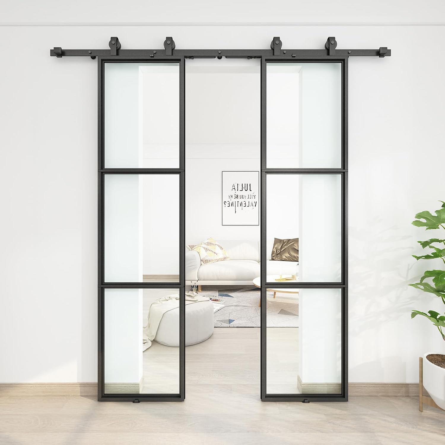 JUBEST 42 x 84 Inch Double Barn Door with 7FT Hardware Kit and Soft Close Mechanism Include, 2 Sets of 21in x 84in 3-Paneled Clear Glass with Carbon Steel Frame Barn Door, Easy to Install