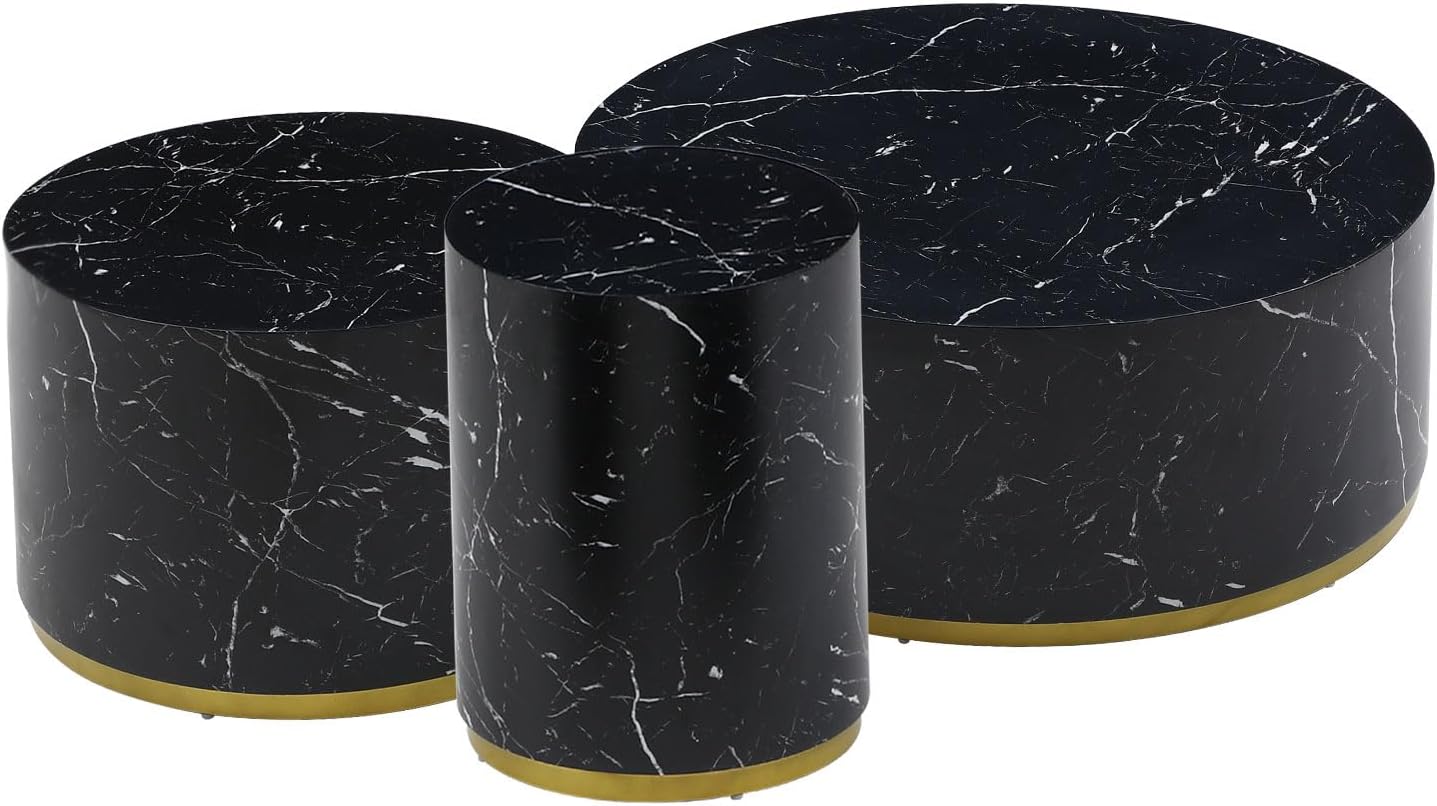 JUSTONE Faux Marble Coffee Table Set of 3,Modern White Coffee Table with Gold Rim Bottom,Perfect for Living Room Apartment, Black& Gold
