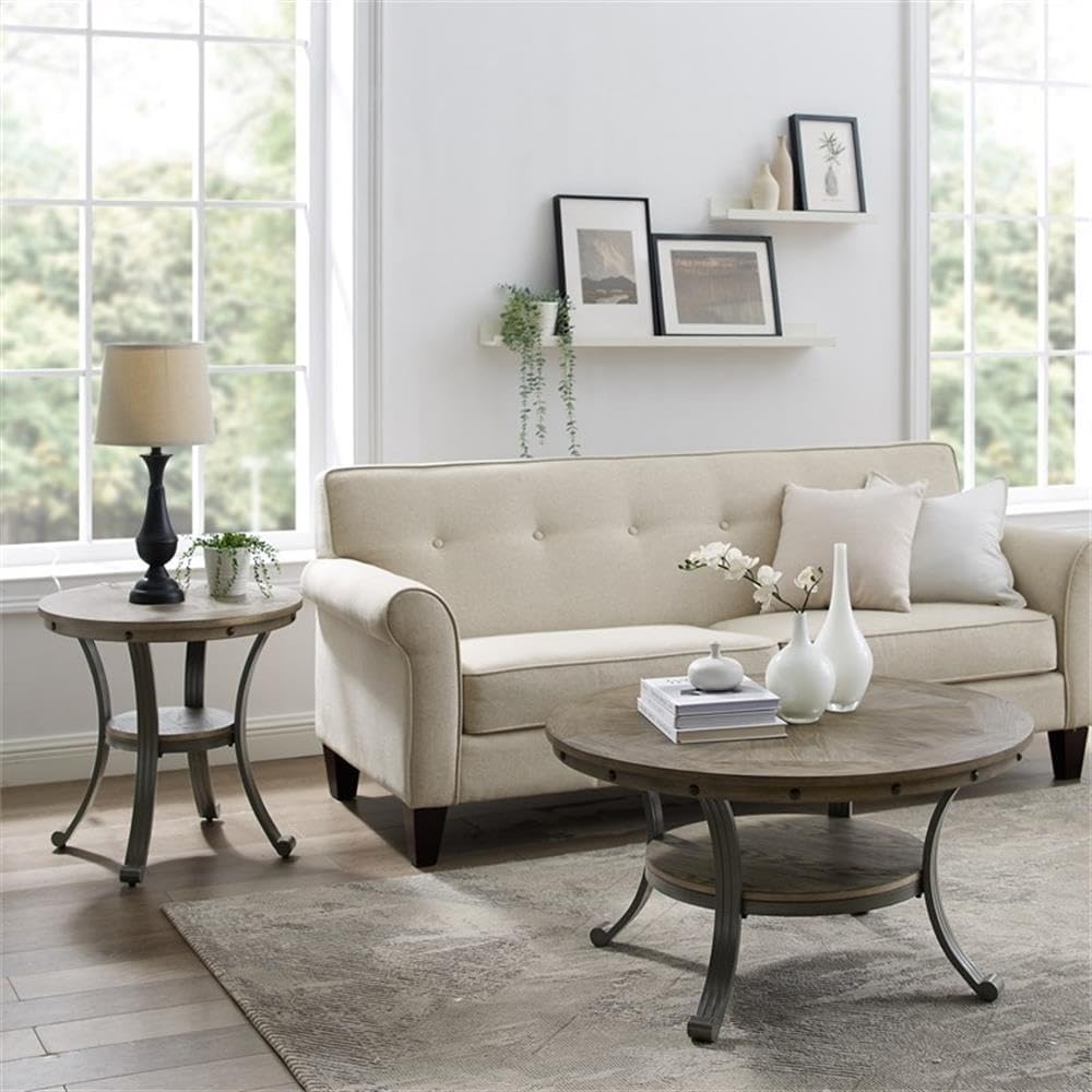 Pemberly Row Round Coffee Table, 36' Wood and Metal, Pewter and Champagne Finish, Inlay Patterned Top, Lower Shelf, Transitional Style Living Room Furniture