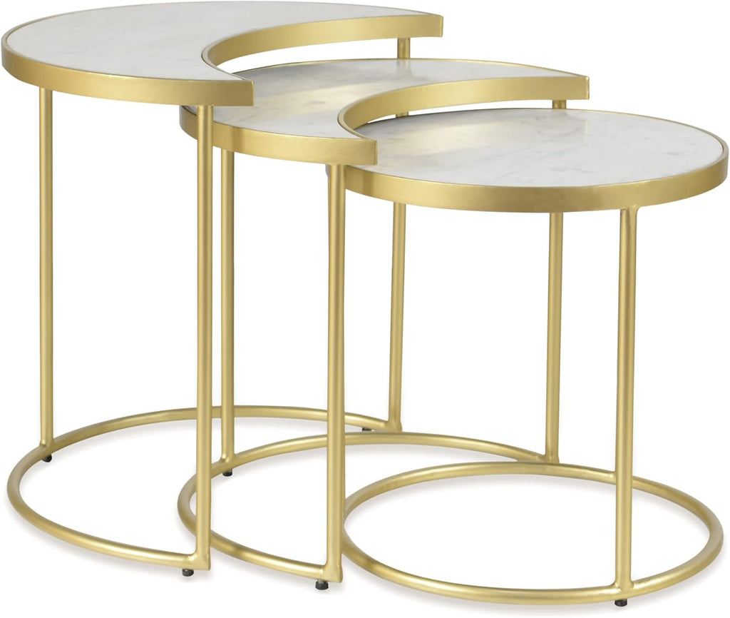 Modern White Marble & Gold Nesting Tables Set of 3 | Round Stacking Coffee Table | Accent Side Tables for Living Room, Home Office, Nightstands for Bedroom
