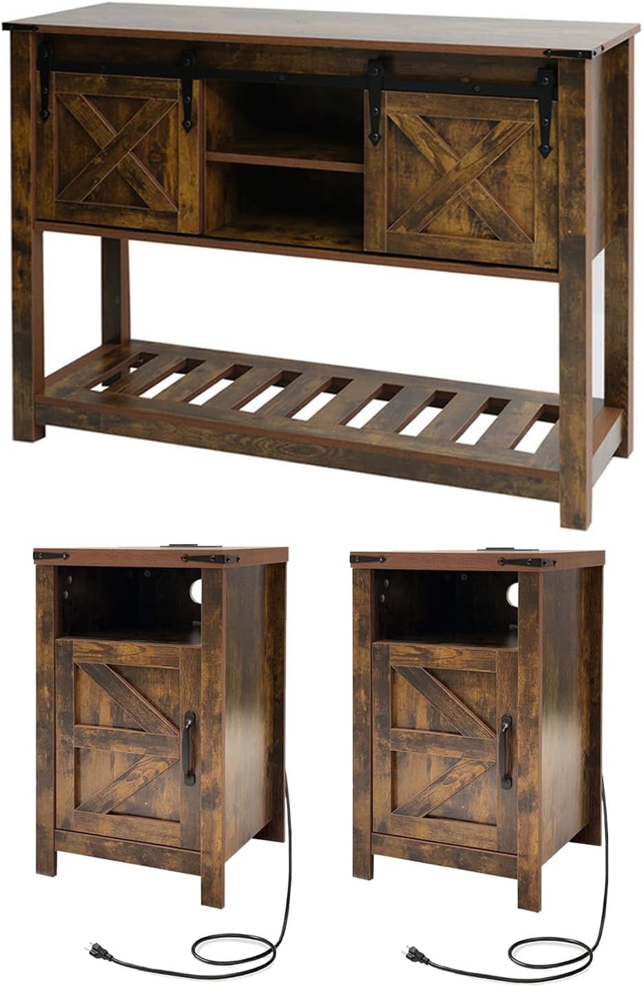 Farmhouse Living Room Table Set of 3, 2 Rustic End Table with Charging Station and 1 Sofa Table with Large Hidden Storage, Farmhouse Sofa Table Set for Living Room, Office, Blue