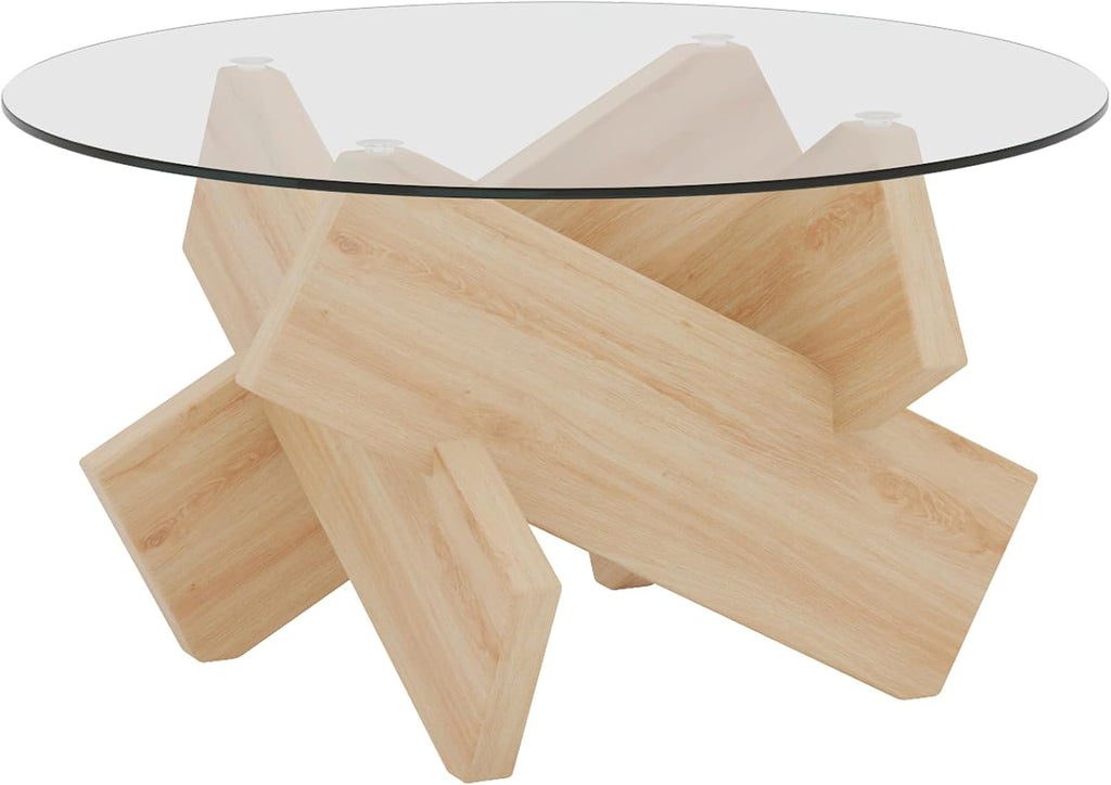33.4'' Tempered Glass Round Coffee Table for Living Room, Modern Circle Coffee Table, Glass Tabletop & Wood Base, Easy Assembly, Transparent
