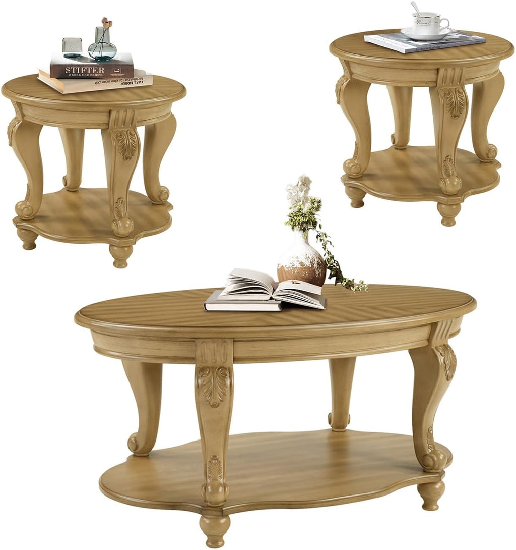 LKTART 3-Piece Coffee Table Set, Coffee Table and Round End Tables Set of 2, Victorian Living Room Coffee Table Sets, Antique Natural