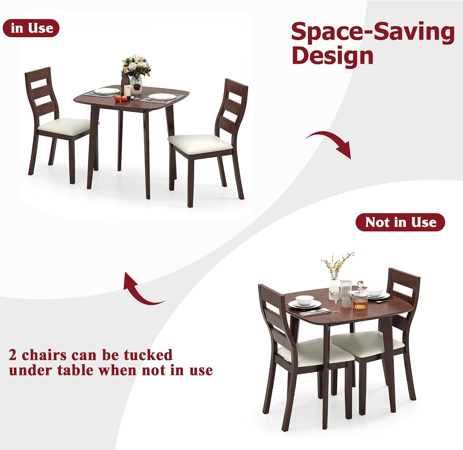 Tangkula Compact Dining Table Set for 2, Wooden Round Kitchen Table & 2 Chairs with Cushioned Seats, 3-Piece Dining Set for Small Spaces, Kitchen, Living Room