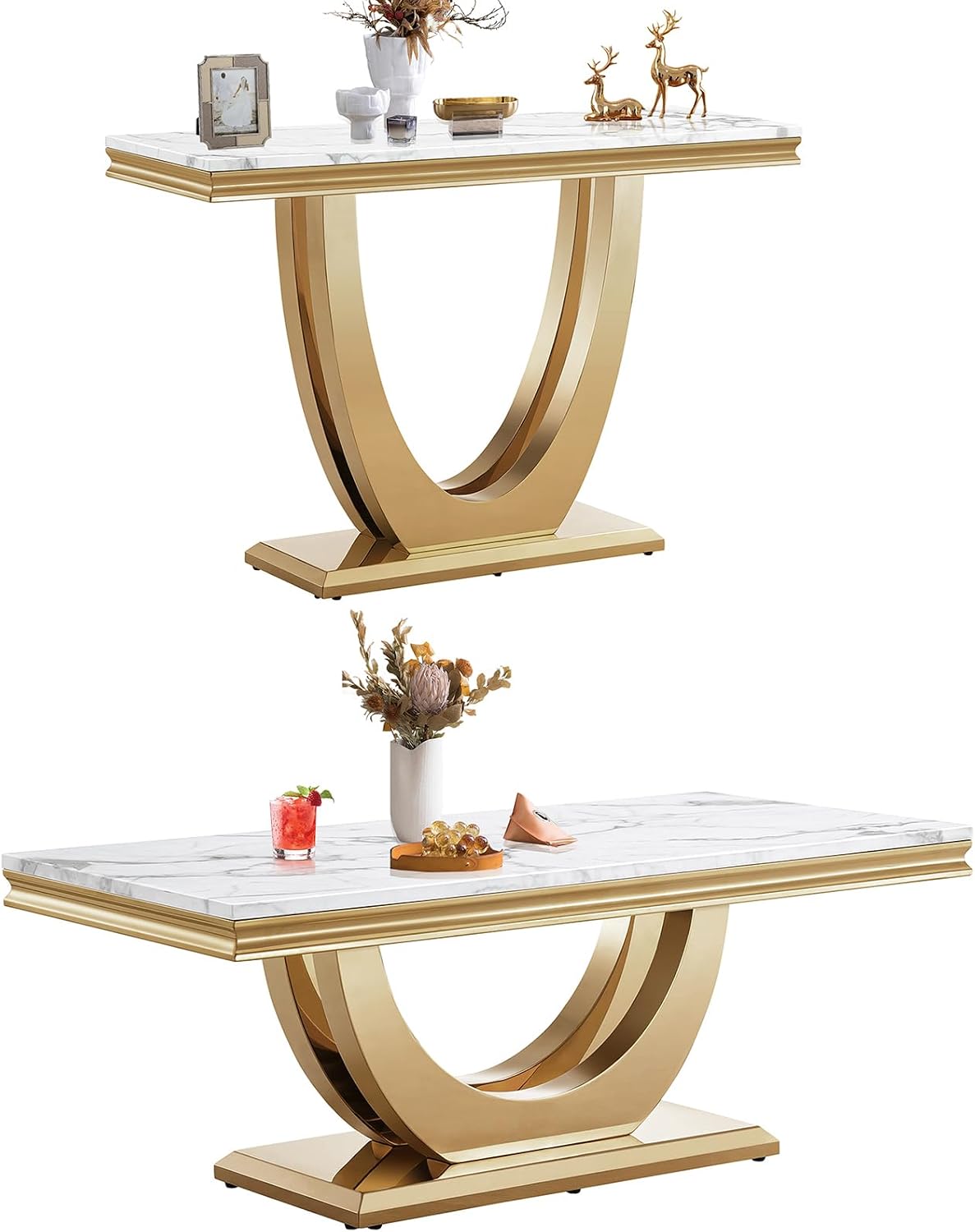 Marble Coffee Table Set of 2, 2 Piece Living Room Table Set Include 1 Coffee Table & 1 Sofa Table,Modern White Gold Coffee Table and Console Table Sets with Double U Shape Stainless Steel Base