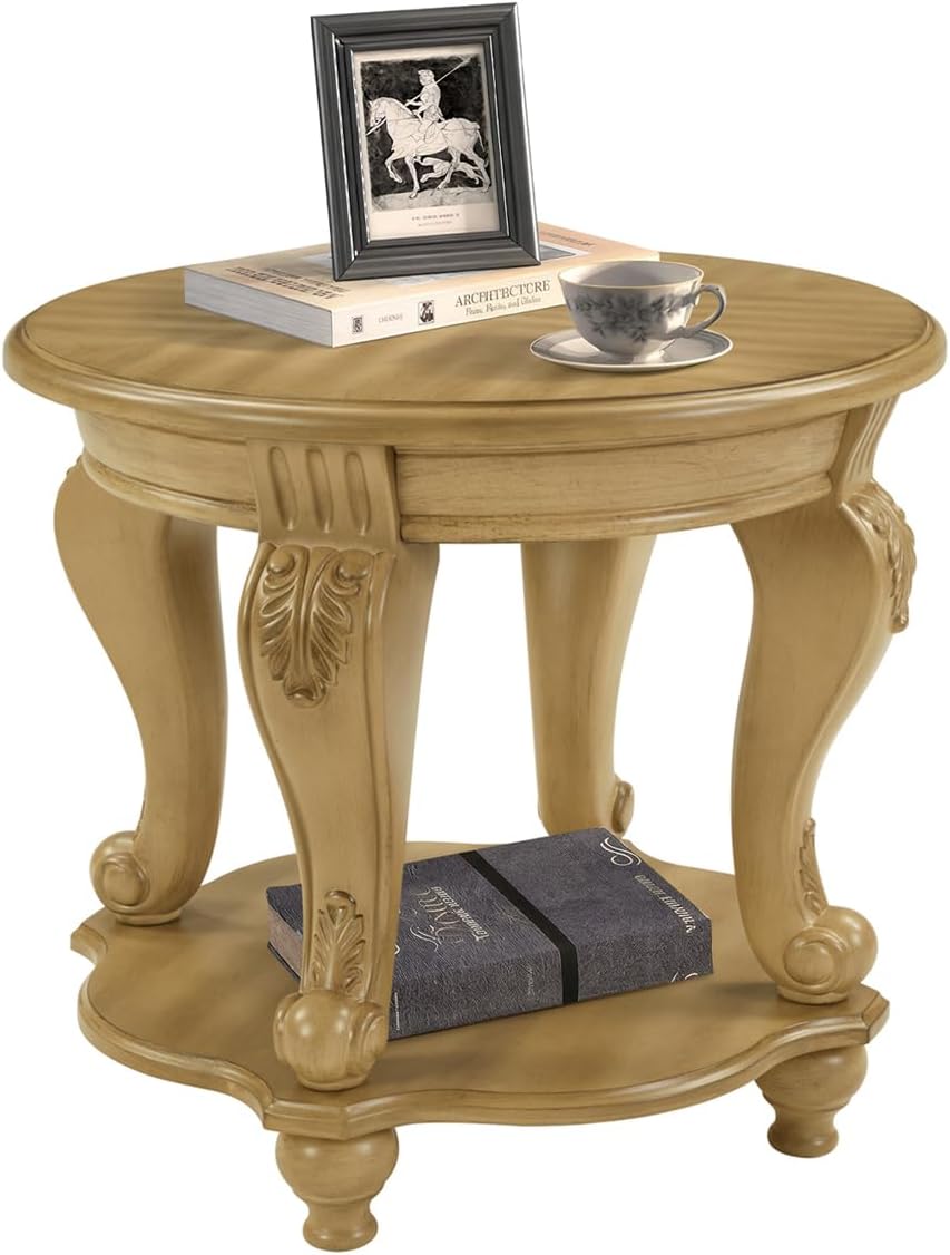 LKTART Round End Tables for Living Room, Vintage Side Table for Small Spaces, Victorian Wooden End Table with Carved Wood Legs, Antique Natural