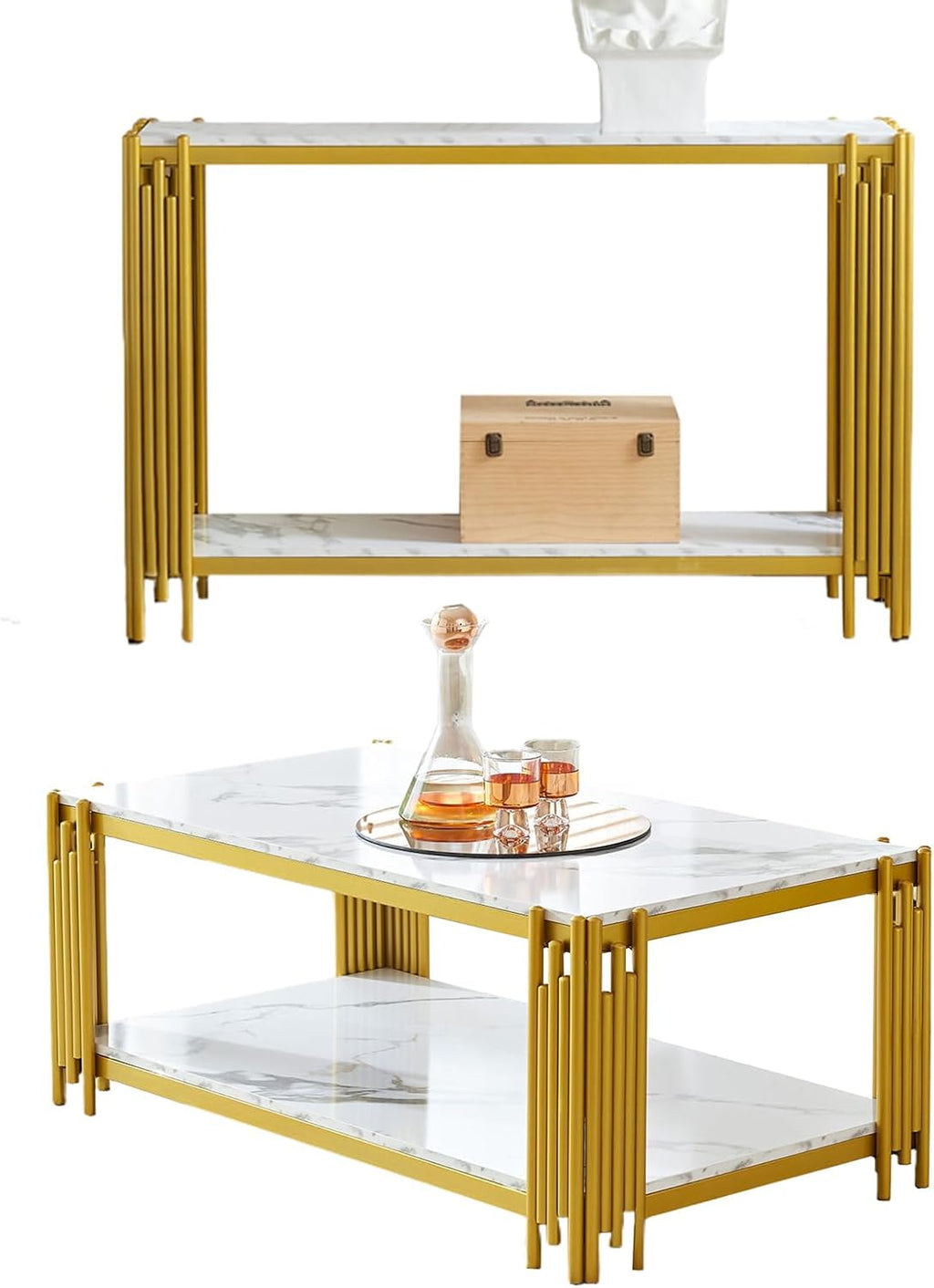 Elegant Faux Marble Coffee Table Set of 2 Modern White Faux Marble Coffee Table Console Table Set w/Gold Metal Frame 2 Piece Living Room Table Set with 1 Rectangle Coffee Table & Sofa Table