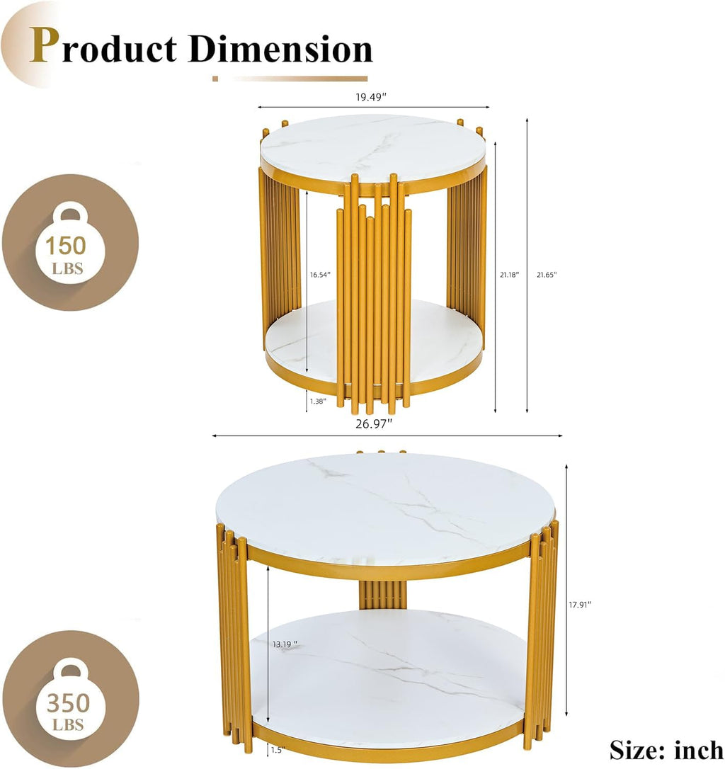 Round Marble Coffee Table Set of 3, Modern White Faux Marble Coffee and End Tables Set with Gold Metal Frame, 3 Piece Living Room Table Set with 1 Coffee Table & 2 Side Table