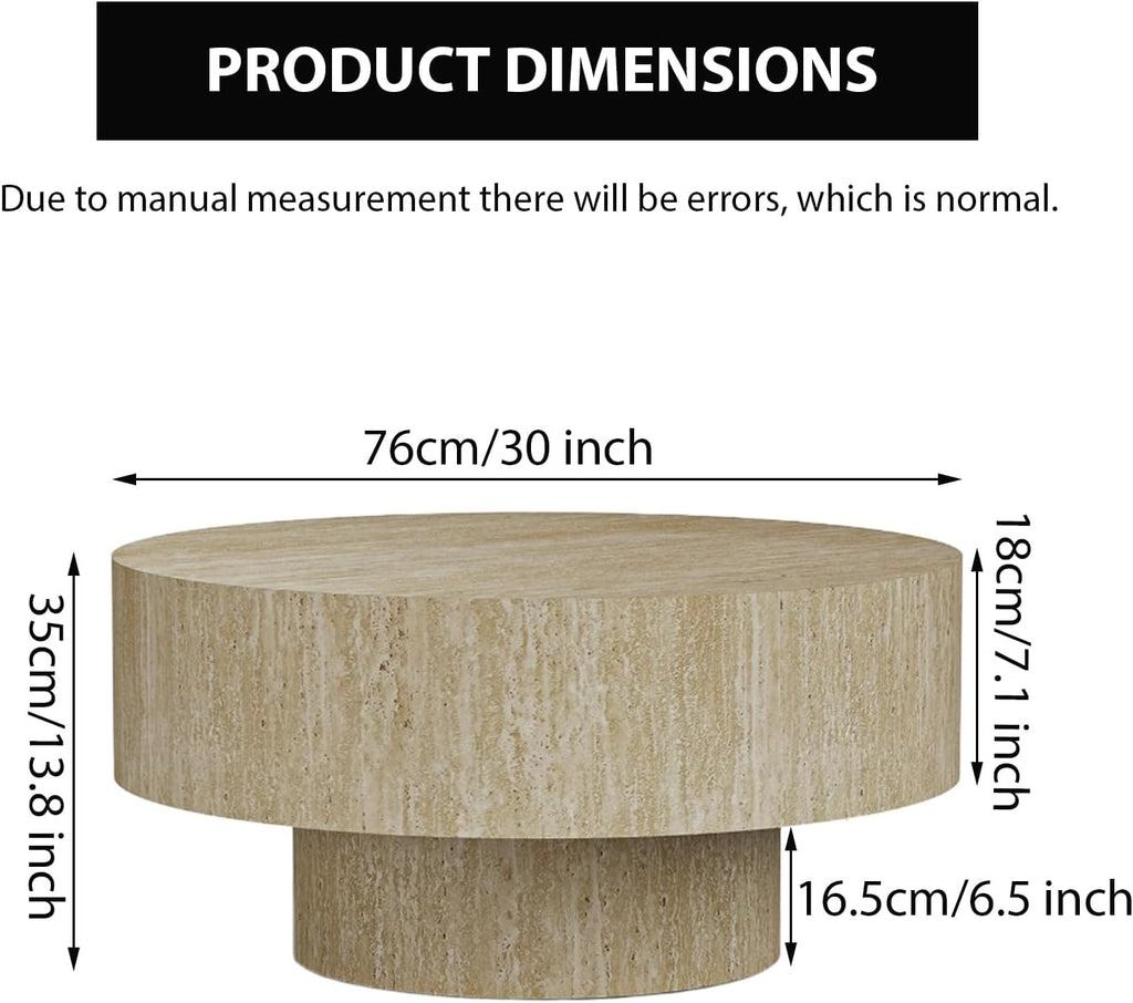Round Coffee Table, Handcrafted Fluted Drum Coffee Tables Modern Wood Coffee Table Circle Drum Center Table for Living Room, Apartment (Travertine Round)
