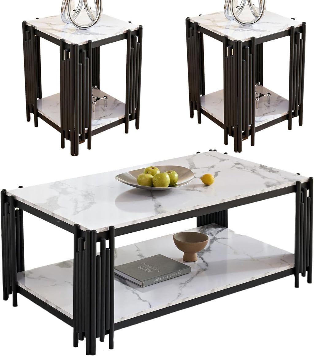 White Marble Coffee Table Set of 3, Faux Marble Coffee Table and 2 End Tables with Chrome Metal I-Base, Luxury Marble 3 Piece Living Room Table Set for Home Office Bedroom