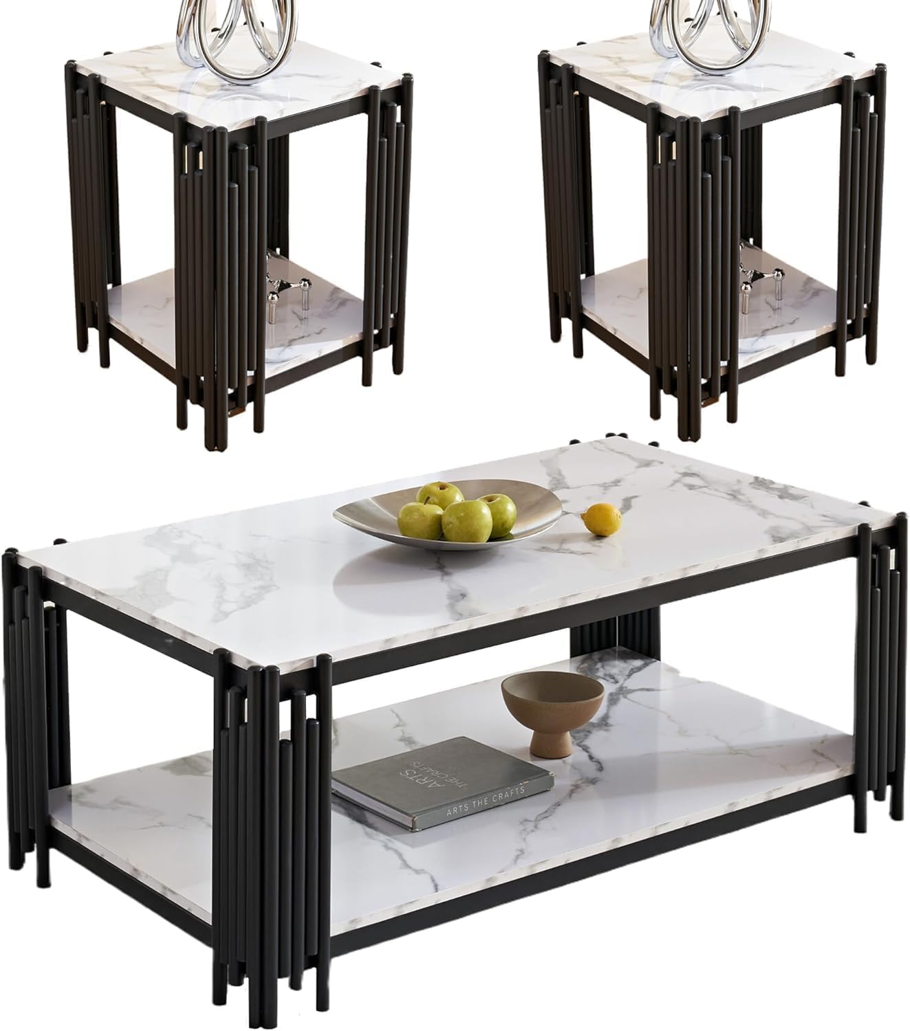 White Marble Coffee Table Set of 3, Faux Marble Coffee Table and 2 End Tables with Chrome Metal I-Base, Luxury Marble 3 Piece Living Room Table Set for Home Office Bedroom