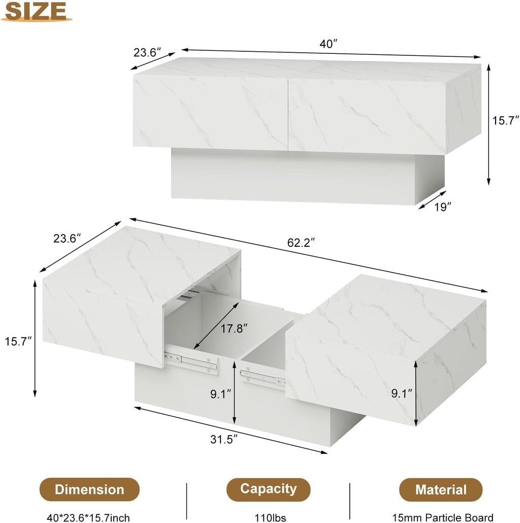 HedoAjim White Marble Coffee Table with Large Storage, Farmhouse Center Table for Living Room Mesas De Centro para Salas Modernas Nesting Modern Coffee Table for Reception Room